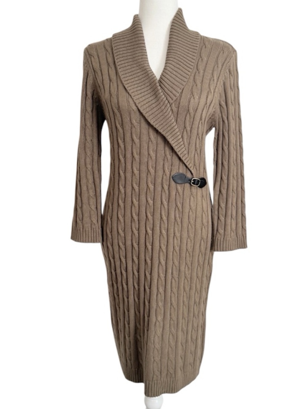 Calvin Klein Light Brown Cable Knit Shawl Collar Long Sleeve Sweater Dress Sz M